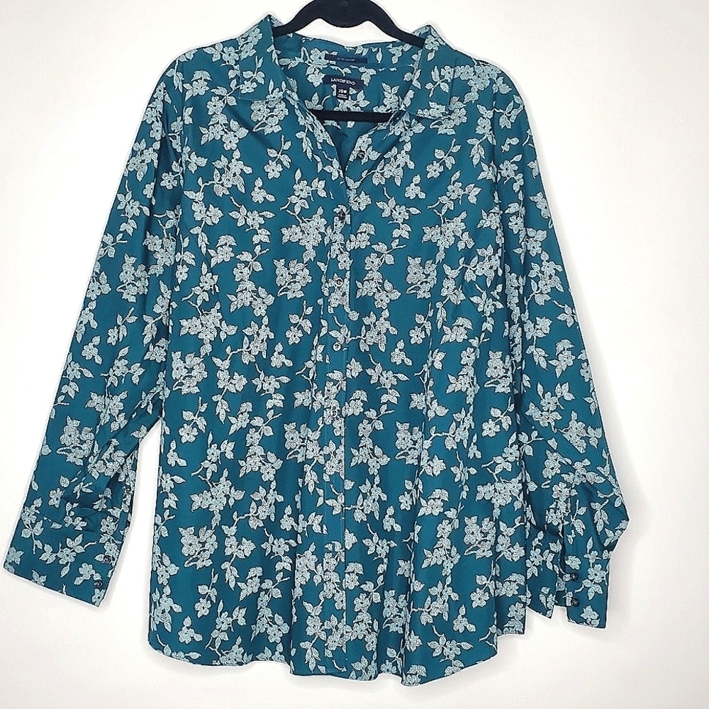 Lands' End Supima Cotton Plus Size Floral Shirt 26W No Iron Button-up Top Fall